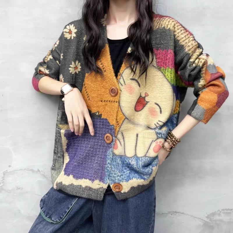

Autumn Winter Watercolor Floral Print Knit Cardigan V-Neck Button Down Loose Sweater Pockets L жовтий