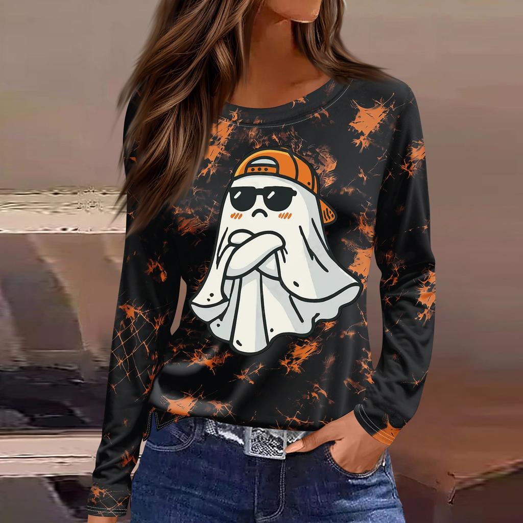 Women's Fashion Long Sleeve Tunic Top with Halloween Print and Side Slits - Round Neck Blouse for Party