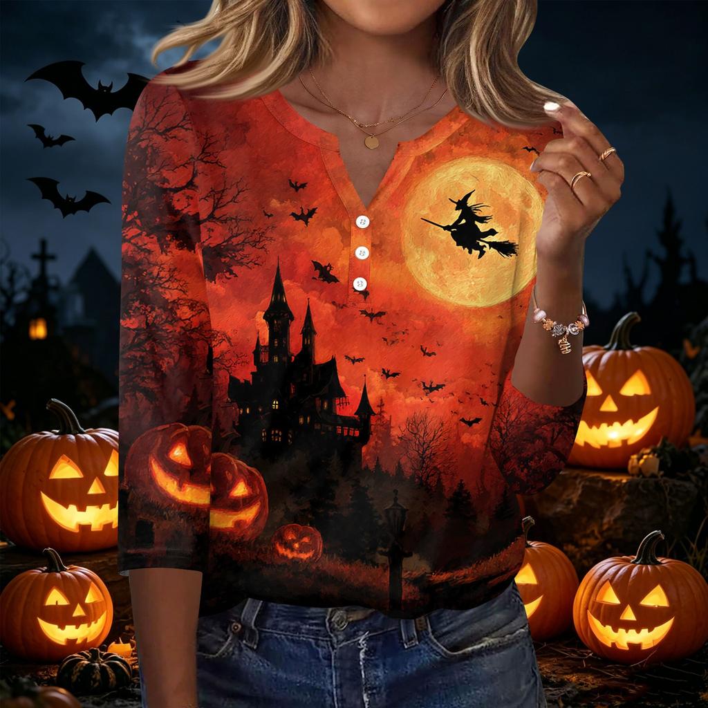 Women's Casual Halloween Print V Neck Button Front Three Quarter Sleeve T Shirt Top Lightweight Soft Fabric Comfortable Fit
