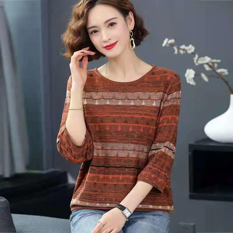 Spring and Autumn New Thin Middle-aged Mid-Sleeve Three-quarter Sleeve Knitted Sweater Women's Fashion