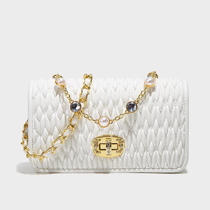 Spring and Summer New Korean Style Fashionable Pleated Small Square Bag Simple and Easy To Match Pearl Chain Small Bag Women's Fashionable Trend