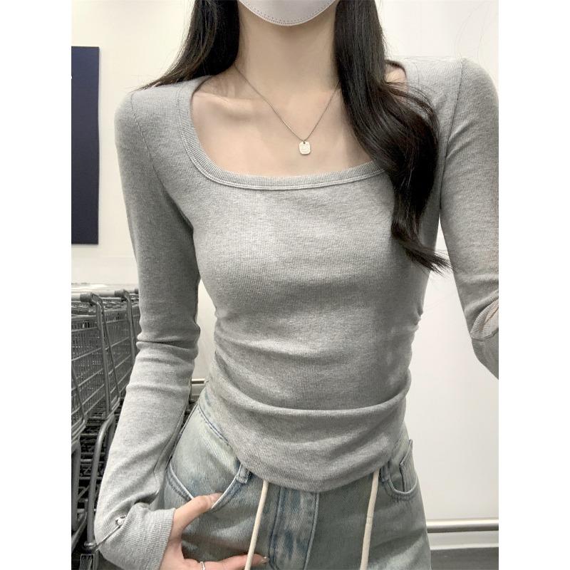 

Irregular curved hem long-sleeved bottoming shirt women s spring waist pinch pleated shoulder shirt pure desire wind top XL сірий колір