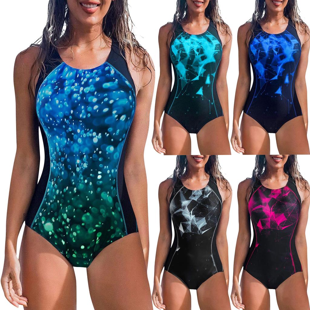 One Piece Swimsuit with Padded Cups Wireless Support Geometric Print Sleeveless Design Athletic Fit Swimwear for Women
