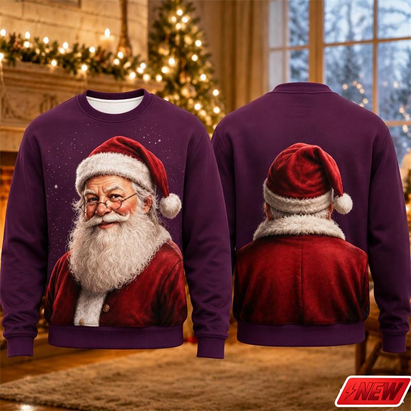 Christmas Crew Neck Sweater Men Vintage Santa Claus 3d Print Pullover Top Xmas Snowflake Graphic Casual Novelty Festival Hoodies