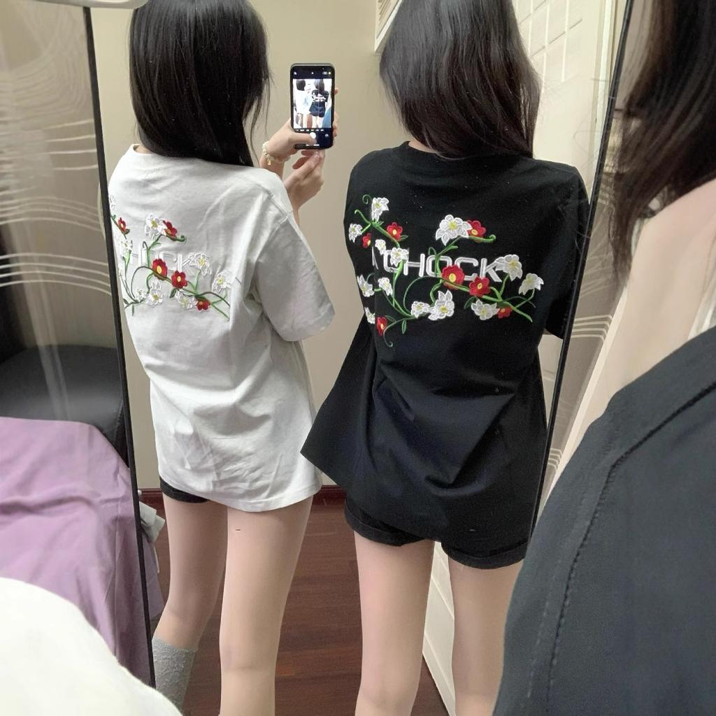 Summer Niche Embroidery 220g Combed Cotton Casual Loose Large Size T-shirt for Women's Summer New Short-sleeved Top