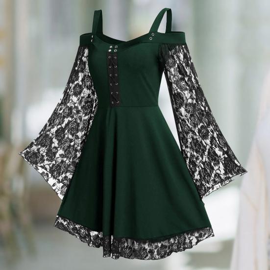 Damenkleid Spitze Patchwork Schmetterlingsärmel Halloween Großer Saum Tief ausgeschnitten Ösen Kleid für Halloween