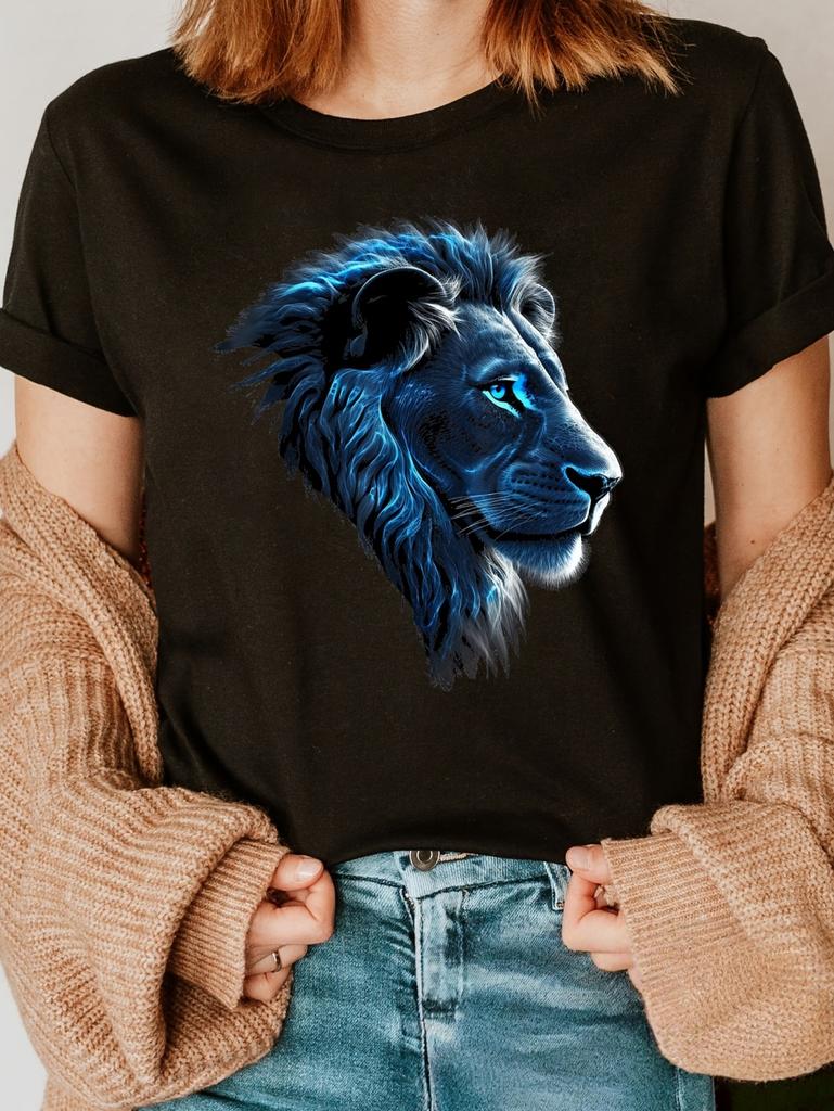 Summer Women's Casual Short Sleeve T-Shirt Vibrant Lion Geometric Print Fashion Casual Tops Tees Y2k Versatile Women's Clothes