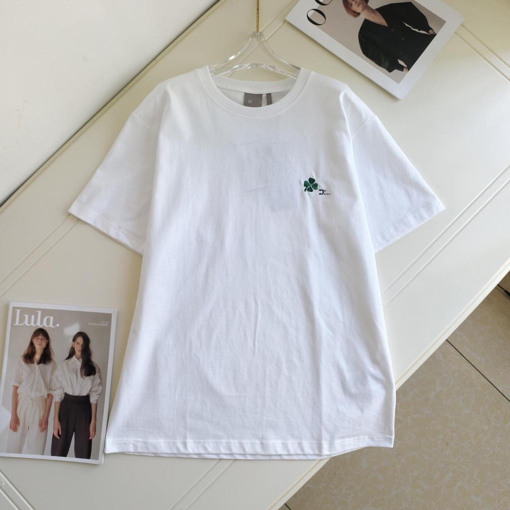 Unisex Four-Leaf Clover Embroidered Cotton Short Sleeve Top - Perfect Summer Casual Couple Outfit