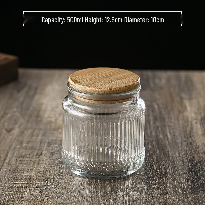 Large Glass Storage Jar with Striped Wooden Lid, Airtight & Food-Grade, Round Transparent Chinese Kitchen Collectible