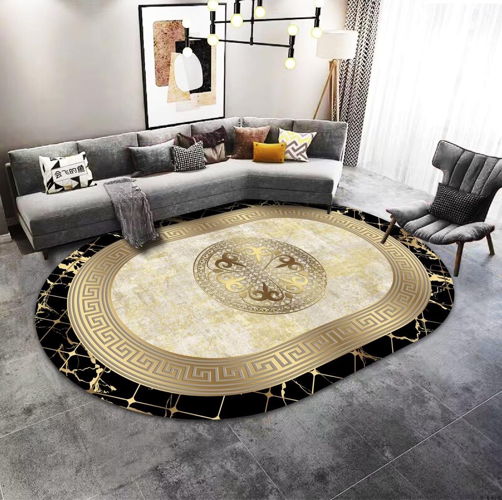 Zlatá Luxusní Dekorace Domova Oválný Koberec Špičkový Velký Plošný Koberec Pod Pohovku do Obývacího Pokoje Koberec pro Dekoraci Ložnice Hotelová Hala Protiskluzová Podložka na Nohy