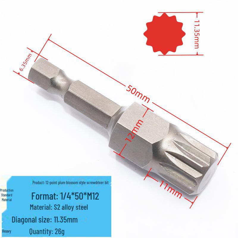 12-Winkel-Druckluftschraubendreherkopf aus gehärtetem S2-Stahl, 1/4" M-Typ, inneres Zwölf-Blumen-Design