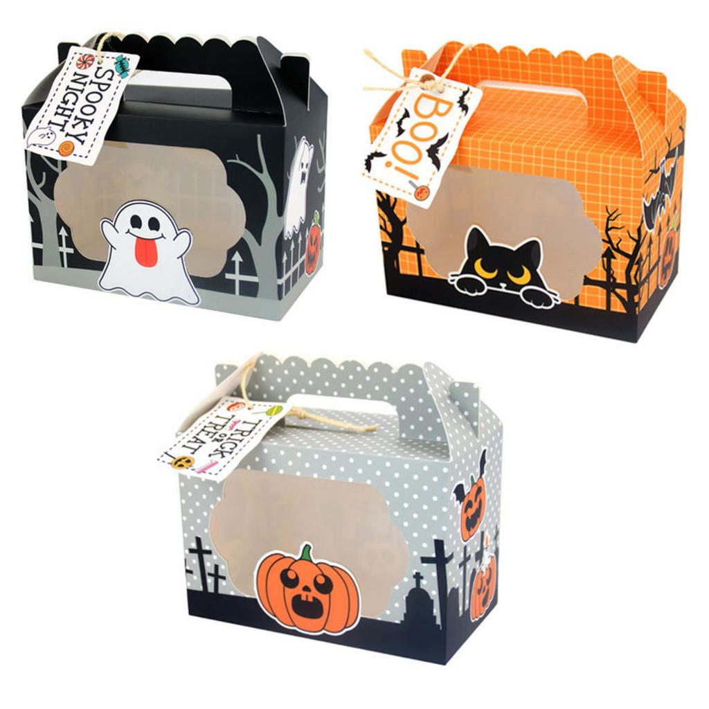 8PCS Halloween Kraft Paper Treat Boxes with Clear Window Gift Tags Halloween Party Bakery Candy Box Trick Or Treat Kids Gift Bag
