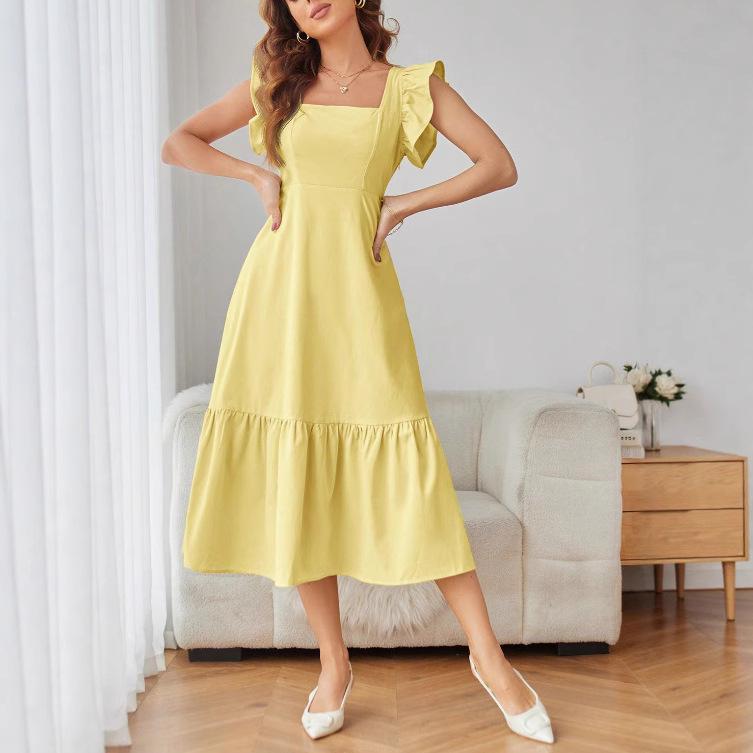 European and American summer new medium and long solid color splicing square neck dress A-shaped skirt