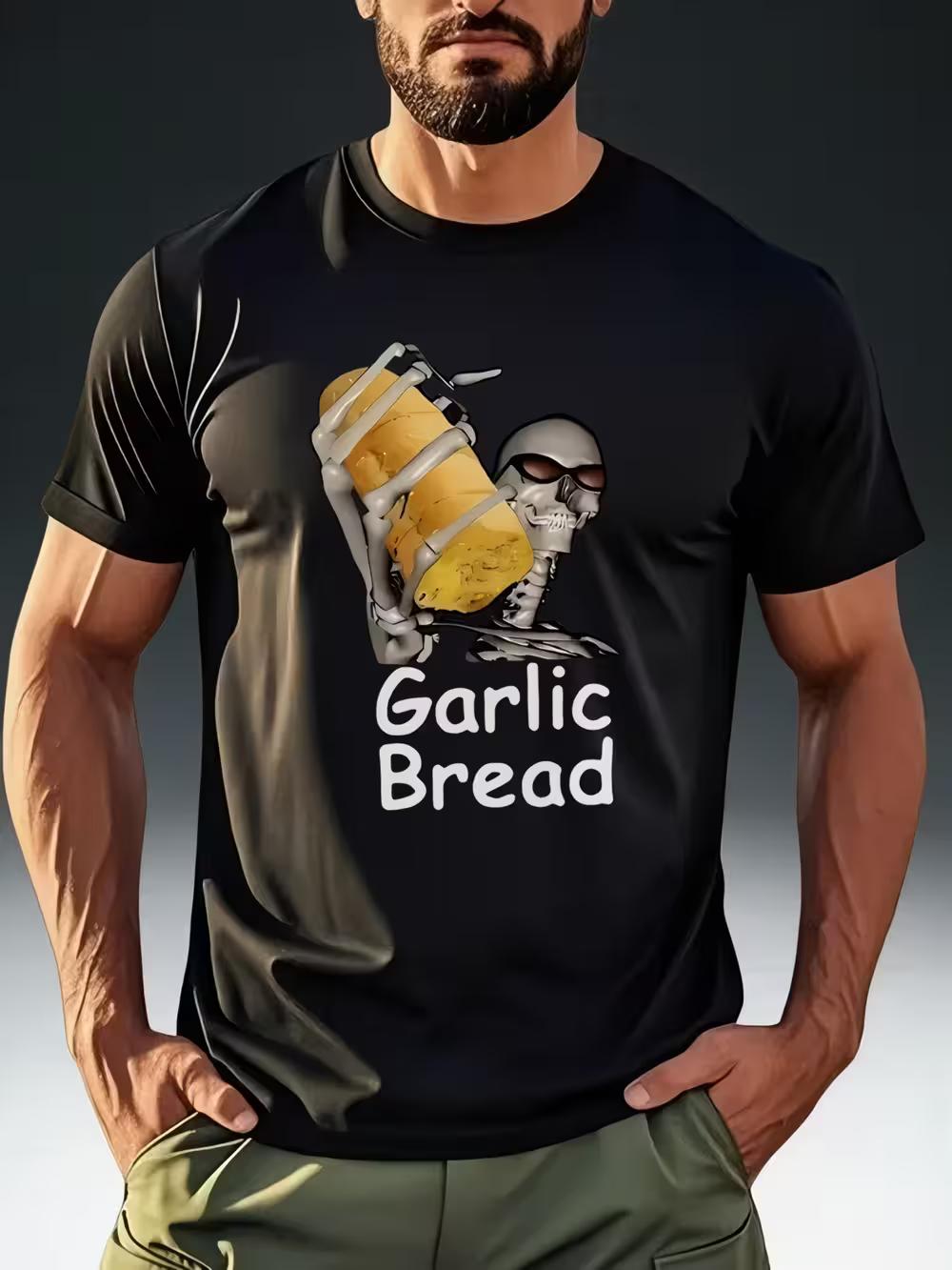Men S Fashion T-Shirt with a Quirky Food Theme Featuring a  Garlic Bread  Skull Holding Garlic Bread Print XXXL