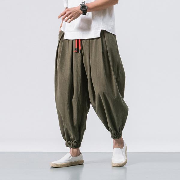 Danmo Herren-Leinenhose im japanischen Stil, lässige, lockere Hose, Frühling/Herbst, elastische Taille, einfarbig, Outdoor-Jogging-Sporthose, Übergröße
