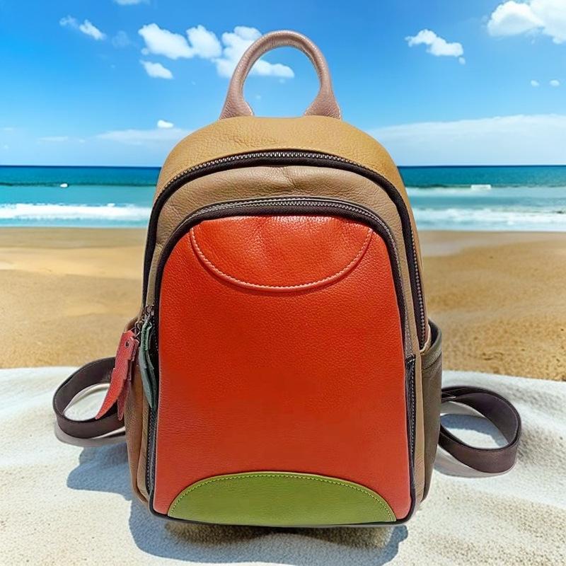 Women's Genuine Leather Colorful Cowhide Backpack - European/American Style, Outdoor Travel Leisure Bag