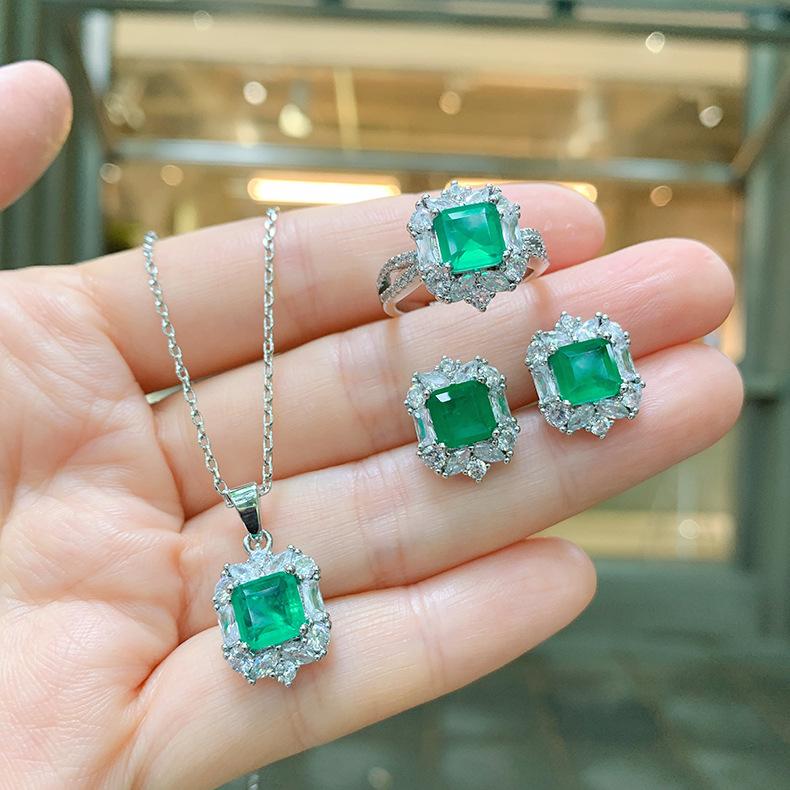 Small Square Emerald Jewelry Set Internet Famous Noblewoman Necklace Pendant Ring Earring Women's