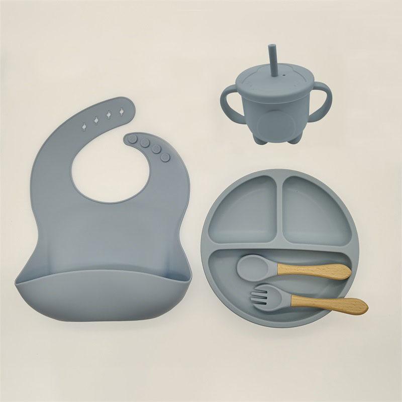 

5 шт./компл. Набір посуду для годування дитини М яка силіконова миска Тарілка Нагрудники Ложка Виделка Чашка Дитячий посуд
