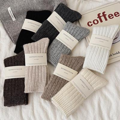 Japanese Style Women's Mid-Calf Wool Cashmere Socks, Warm Autumn/Winter, Velvet, Thick, Versatile, Solid Color, Retro, Loosely Knitted.
