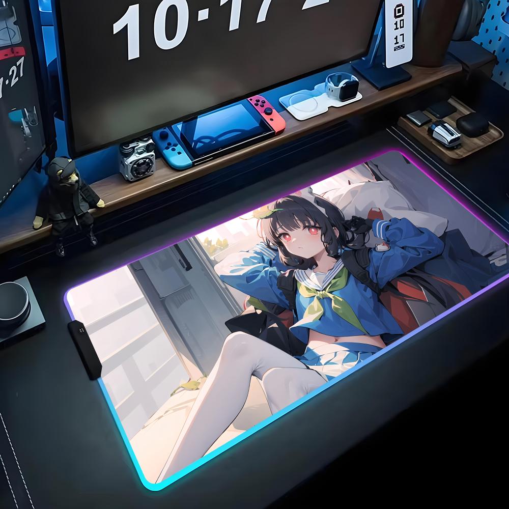miyu blue archive Mouse Pad RGB Gaming Mousepad Big LED Pad PC Desk Mat Luminous Mouse Pad Large Keyboard Mats Table Rug With
