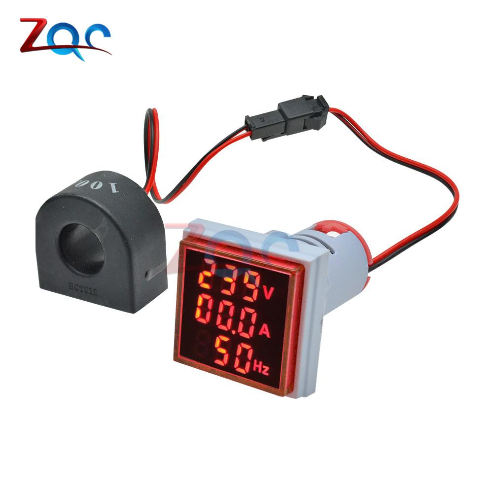 3 In 1 AC 60~500V Digital Voltmeter Ammeter Hz Hertz Frequency Meter Current Voltage Indicator Tester Amp Signal Light LED 22mm