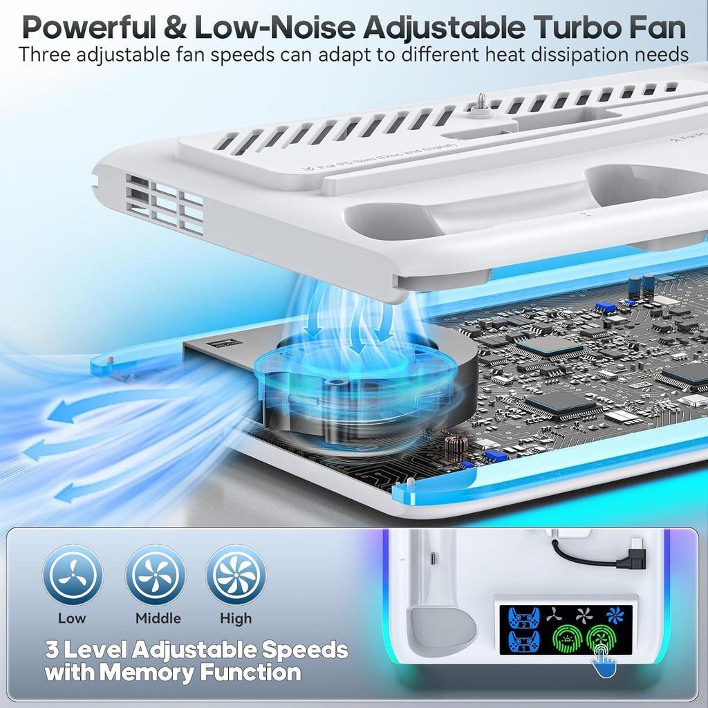 With PS5 3 USB 1 Charging Stand with Vertical Cooling Dual Controller Charging Station with LED Console Support [Compatible PS5/Slim/Pro] + Type-C