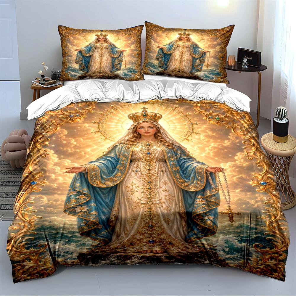 Holy Virgin Mary Bedding Set with Crown Bedding Set (1 Duvet Cover, 2 Pillowcases, Duvet Not Included)