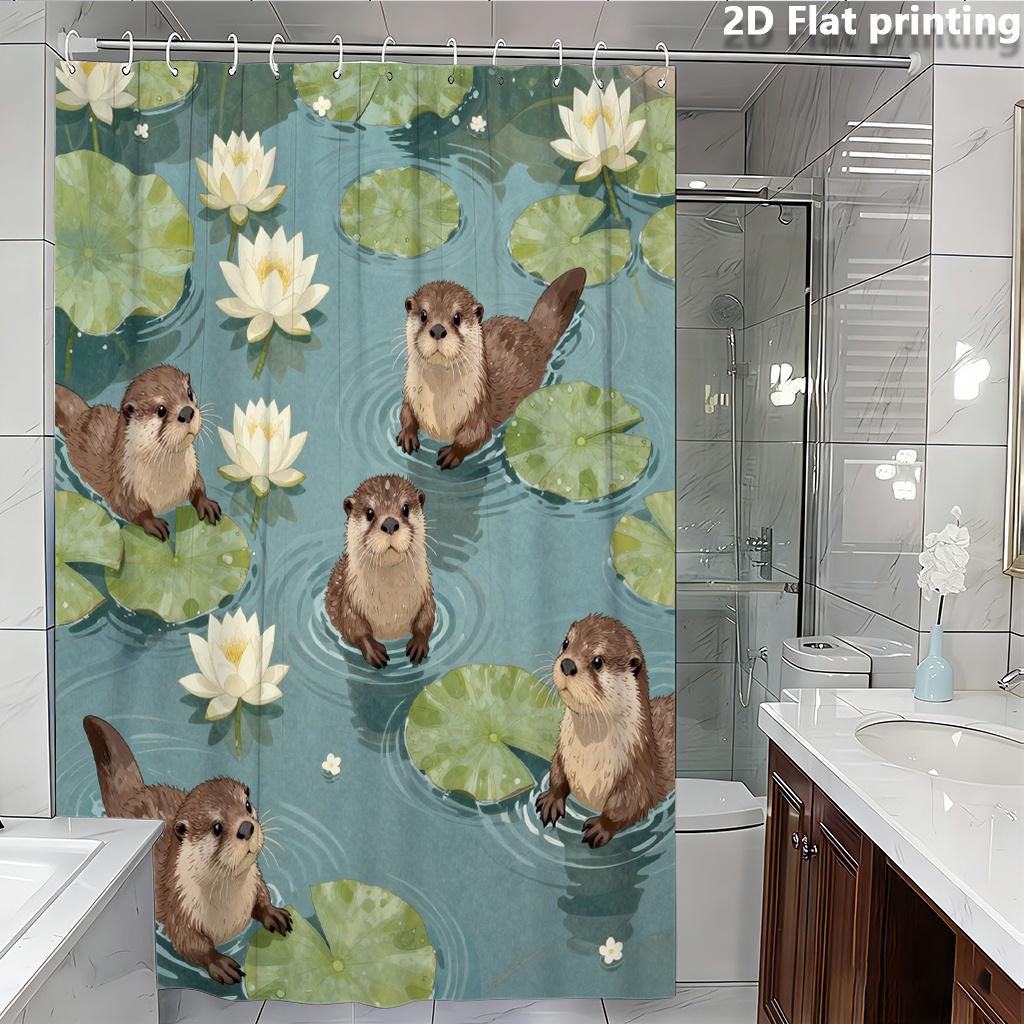 Otter Shower Curtain – Swimming Otters with Water Lilies & Lily Pads, 2D Flat Print, Polyester, Grommet Top, 71x71 Inch