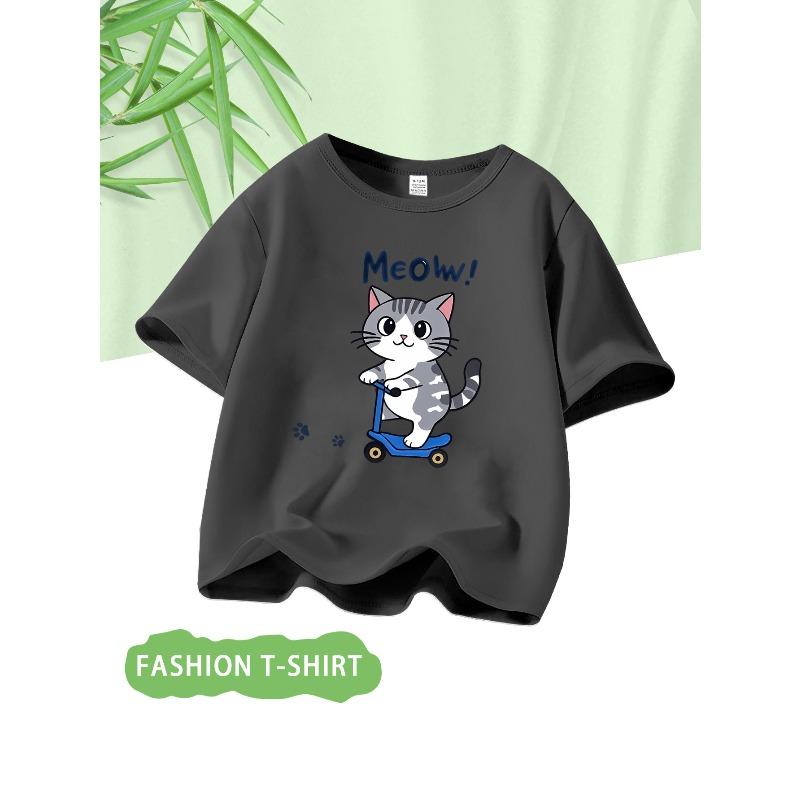 European sizes A Casual Round-Neck T-Shirt for Baby Boys Featuring a Kitten Skateboarding Print 98cm