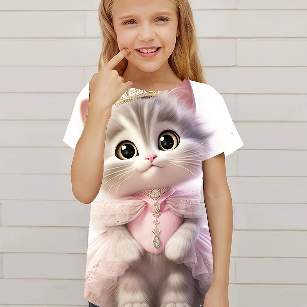 Children's clothing cute 3D cat pattern printed short sleeved top, children's clothing T-shirt casual pullover, children's boys