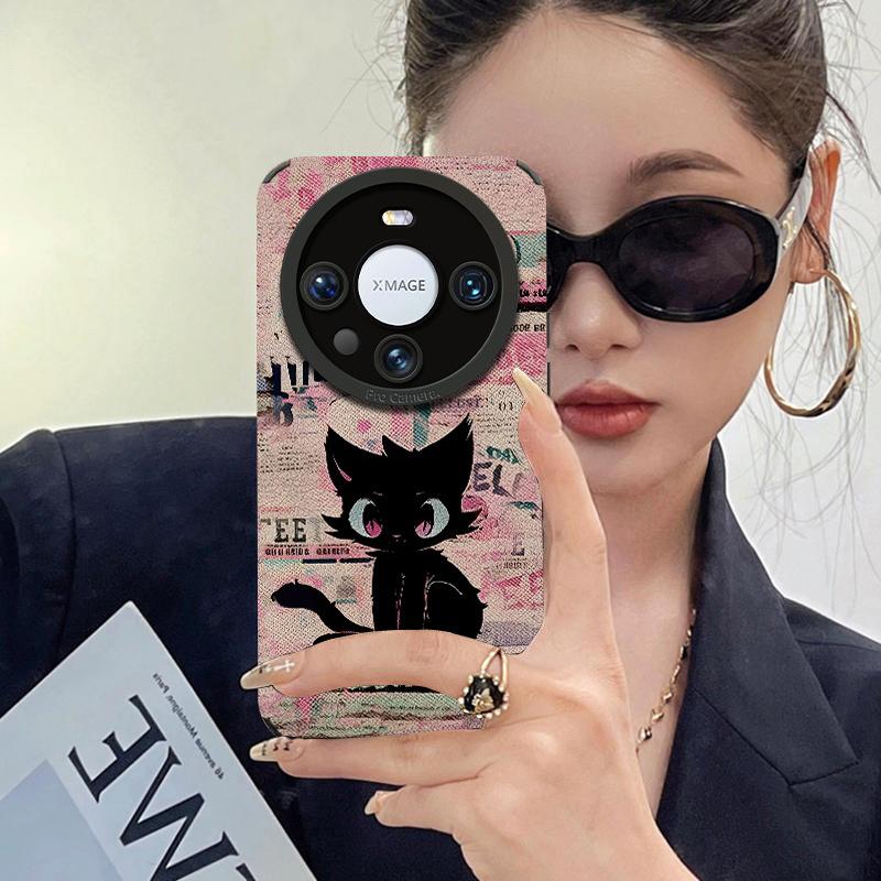 Trendy brand black cat is suitable for Huawei mate60pro mobile phone case lambskin p70 retro 50/40 premium glory 200.