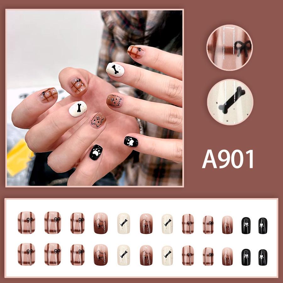 

Autumn Winter Cute Cartoon Puppy Bone Plaid Nail Stickers - 24 Pieces