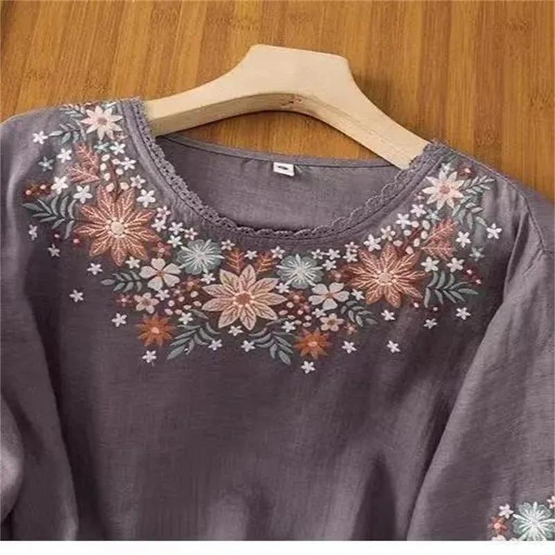 Damenhemd Frühling Sommer Rundhalsausschnitt Bestickt Damenbluse Elegant Leinen Dame Locker