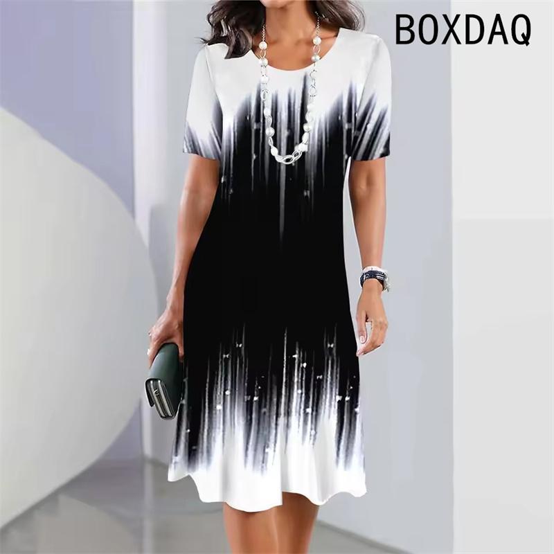 Vintage Elegantes Damenkleid Sommer Kurzarm Rundhalsausschnitt Lässig A-Linie Kleid Schwarz Weiß Farbverlauf 3D Digitaldruck Kleid