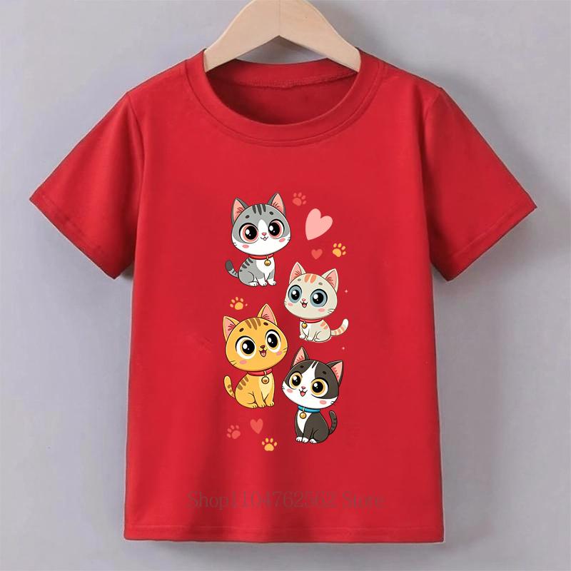 Four Cute Cats Print Tshirts for Girls Summer Casual Fashion Kids Colorful Comfortable Tops Children ONeck Short Sleeve Tees