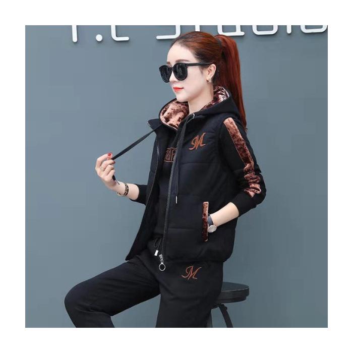 

Женский теплый плюшевый спортивный костюм: Осенне-зимний модный костюм-тройка в корейском стиле с капюшоном XXXL чёрный