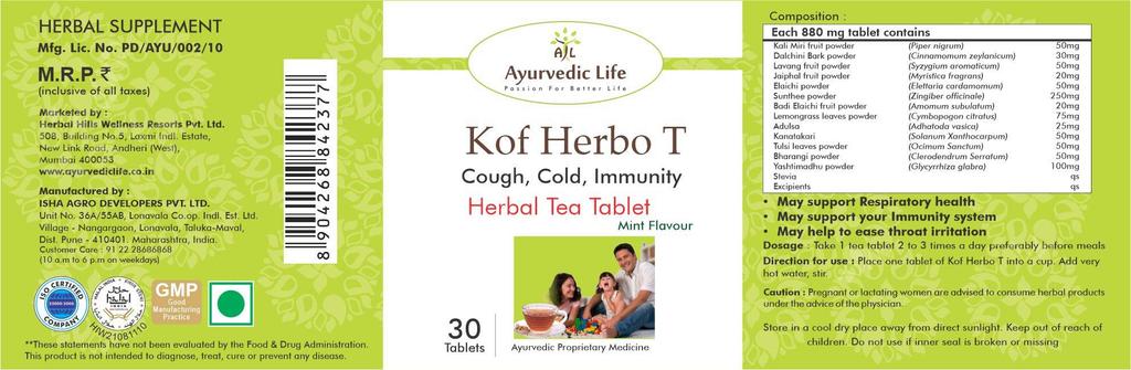 AL-Ayurvedic Life Natural Kof Herbo Tablets - Herbal Cough and Cold Relief Formula - 30 Tea Tablets