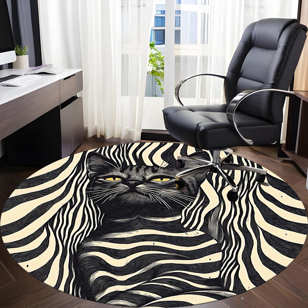 1pc Zebra Cat Office Round Area Rug, Indoor Mat Suitable ForOffice, Under Office Chairs Bedroom Living Room Home Decor, D108
