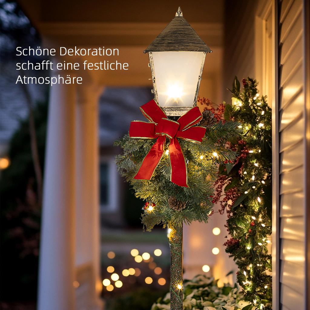 Christmas lantern with berries, pinecones & ribbon, LED lights, metal pole, 150 cm