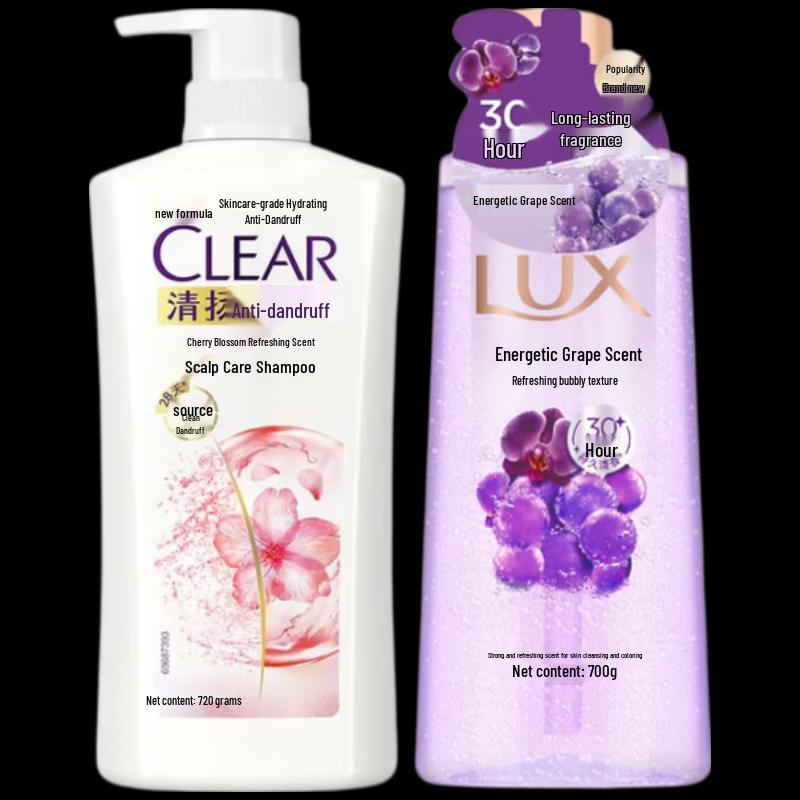 Clear Cherry Blossom Anti-Dandruff Shampoo & Lux Grape Shower Gel Bundle