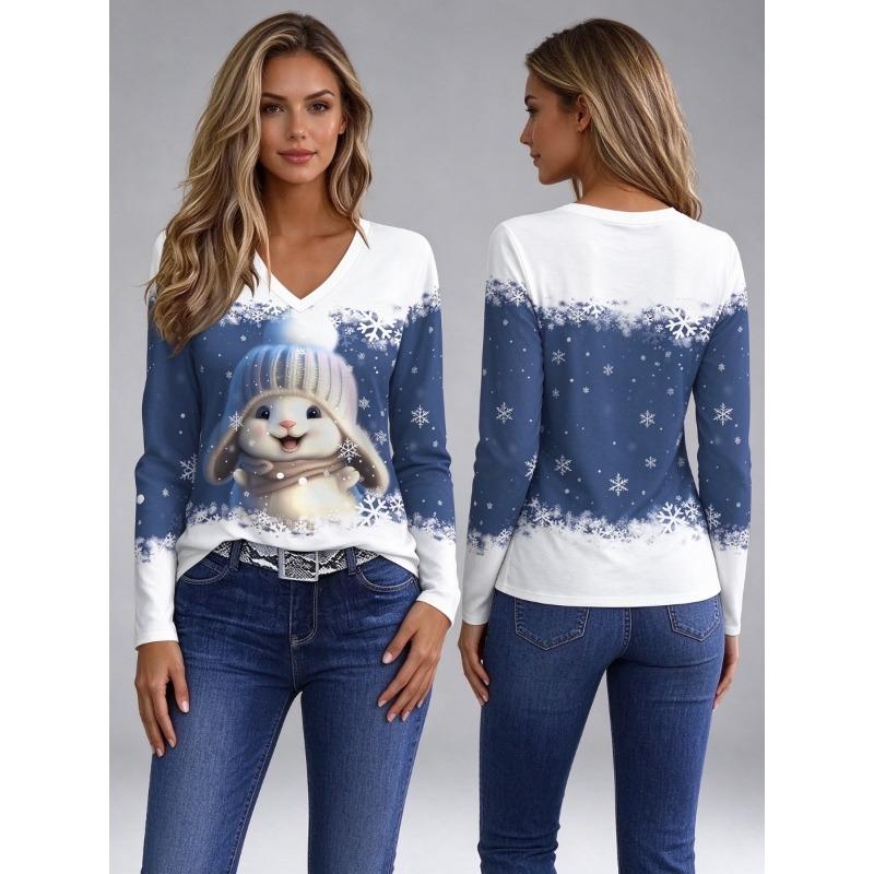 Women's V-neck long sleeve party autumn casual pullover 3d printing casual fashion tops