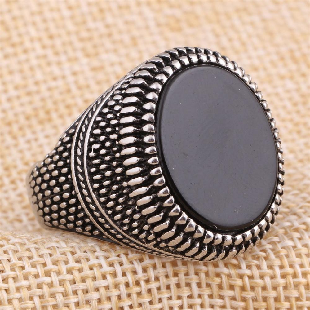 Retro Handmade Turkish Signet Rings For Men Vintage Ancient Silver Color Carved Black Zircon Ring Punk Motor Biker Jewelry Gifts