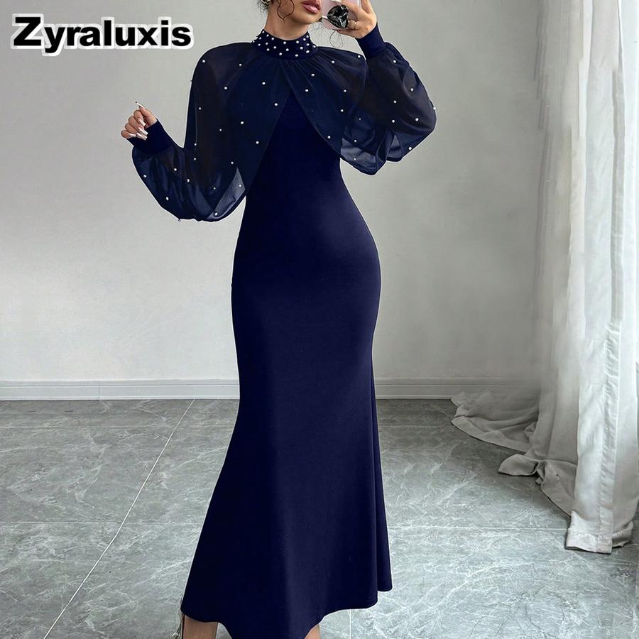 Women's Elegant Stand Collar Mesh Lace Crushed Diamond Long Sleeve Ruched Waist Tailored Evening Gown Dress