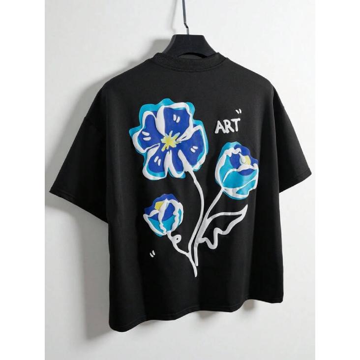 Men' Cotton T-Shirt with Blue Flower & Art Text Print - Soft Breathable Fabric, Comfort Fit Short Sleeve Round Neck Casual Shirt Suitable for