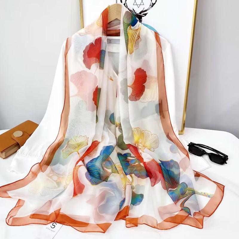 Classic Floral Silk Gauze Scarf - Versatile, Lightweight Sun Protection Shawl for Women, Ideal for Spring, Summer, and Autumn