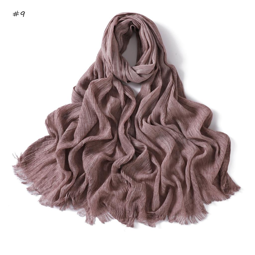  New High Quality Solid Color Wrinkle Muslim Women Hijab Scarf Ramadan Shawl Headband Turban Islamic Hijabs Wraps Tassels