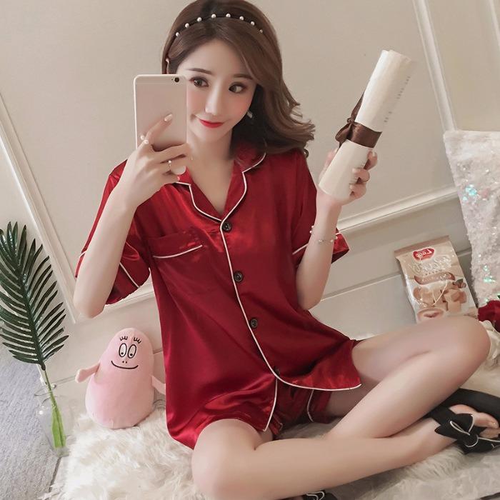 Summer Silk Satin Women Pajamas Set Button Down Top & Shorts 2 Pieces Sleepwear Notched Collar Nightwear Loungewear for Women