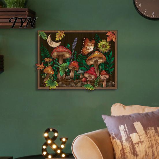 Rustic Bedroom Decor Boho Moon Mushroom Wall Hanging Decor, Vintage Forest Multi-Layer Wooden Plaque, Floral Nature Inspired Art Butterfly Themed