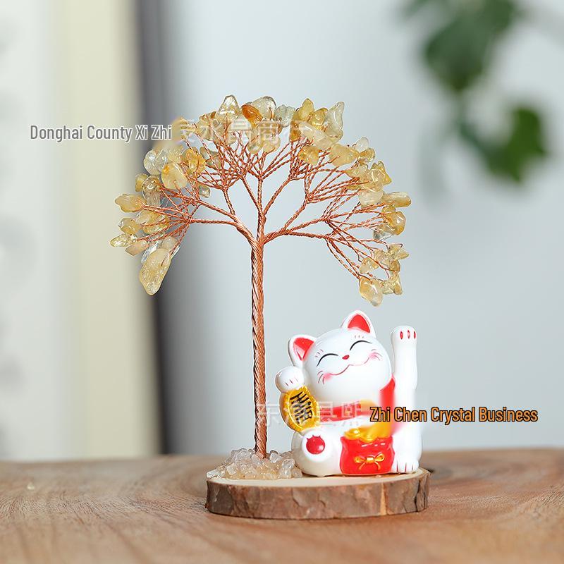 Yellow Crystal Money Tree with Lucky Cat on Natural Wood Base - Home and Office Decor Ornament