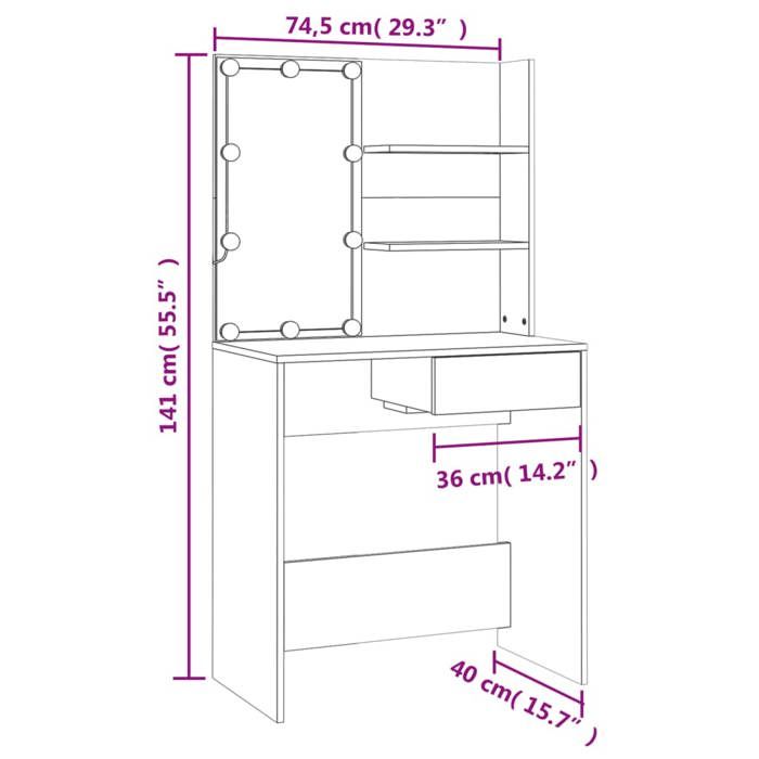 VidaXL Ensemble de Coiffeuse avec LED Table Cosmétique Coiffeuse de Maquillage Table à Bijoux Chambre à Coucher Sonoma Gris 3114113